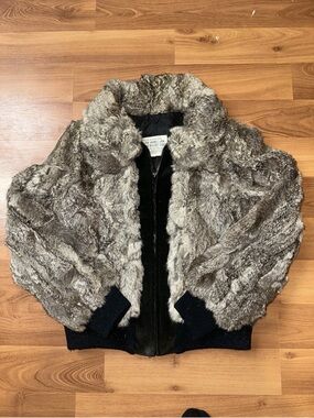 Vintage 80s Rabbit Fur Plush Faux Fur Bomber Jacket - Gray Brown